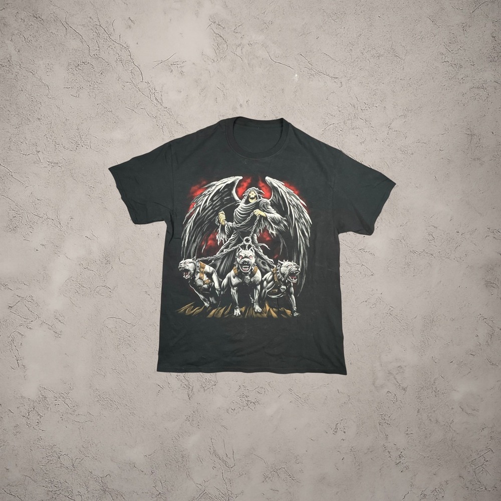 Vintage Y2K Grim Reaper Angel Pitbull Graphic T Shirt Black L Boxy Skater Biker